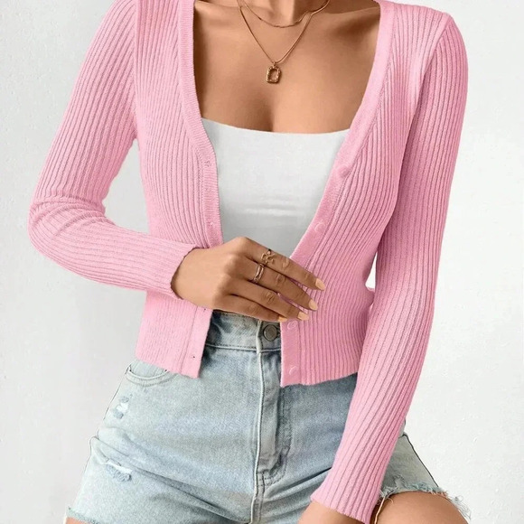 Pink Casual Women's Slim Solid Color Rib Knit Cardigan - Picture 4 of 7